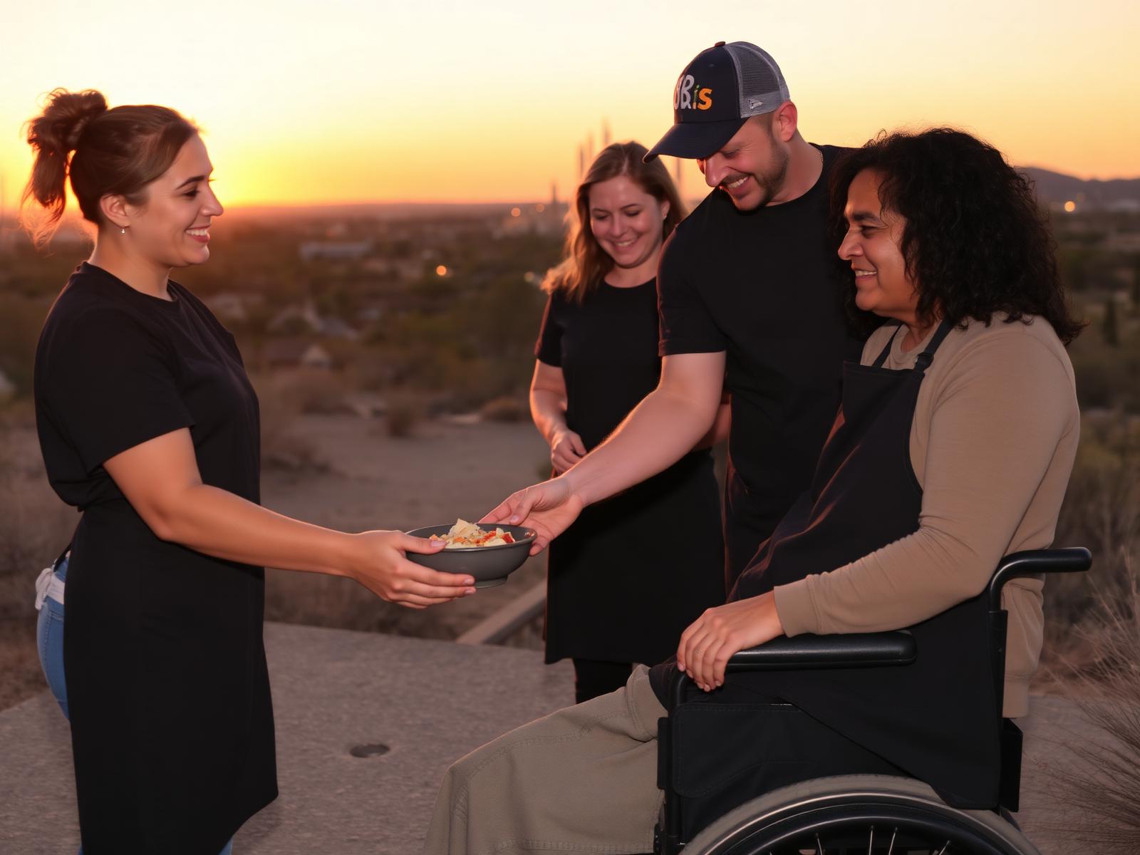 Volunteers serving a warm meal at sunset in Phoenix